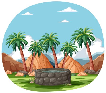 Vector illustration of a well in a tropical setting.