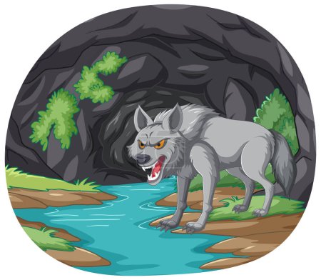 Ilustración de Ilustración de un lobo gris cerca de un arroyo de agua - Imagen libre de derechos