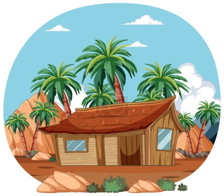 Ilustración de Cabaña de madera entre palmeras en un oasis del desierto. - Imagen libre de derechos