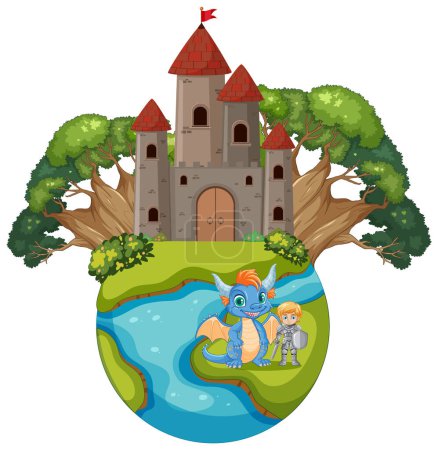 Téléchargez les illustrations : Illustration d'un château, dragon et chevalier sur une île flottante. - en licence libre de droit