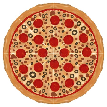Vector illustration of a pepperoni and olive pizza.
