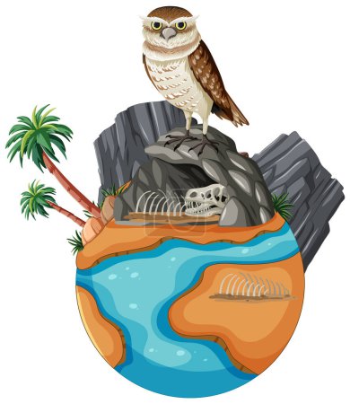 Illustration of an owl on a small, detailed Earth.