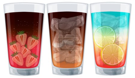 Three glasses with different flavored colorful drinks