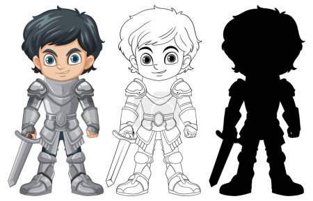 Vector illustration of knight in three design stages.