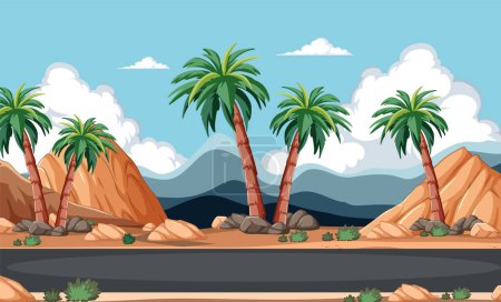 Illustration for Palm trees and rocks by a desert road. - Royalty Free Image