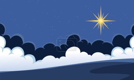 Vector illustration of a star shining over clouds.