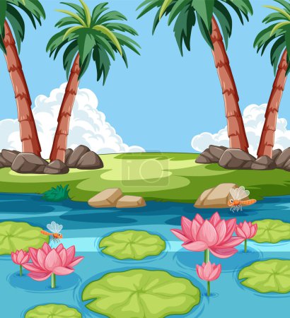 Illustration for Vector illustration of a serene tropical river scene. - Royalty Free Image