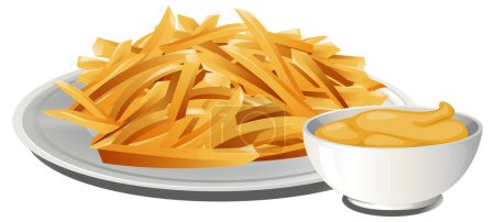 Ilustración de Placa de papas fritas crujientes con un tazón de salsa de queso - Imagen libre de derechos