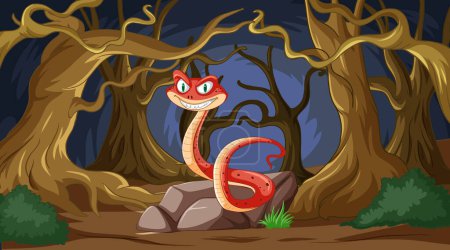 Téléchargez les illustrations : Serpent dessin animé avec un sourire sournois dans une forêt sombre. - en licence libre de droit