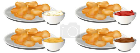 Ilustración de Cuatro platos de pepitas con diferentes salsas de inmersión. - Imagen libre de derechos