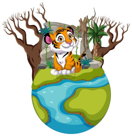 Téléchargez les illustrations : Tigre coloré assis sur un petit globe avec des arbres. - en licence libre de droit
