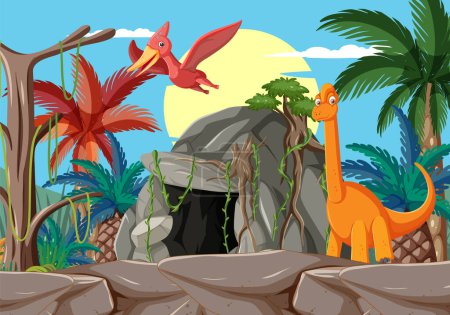 Ilustración vectorial de dinosaurios en un paisaje vibrante.