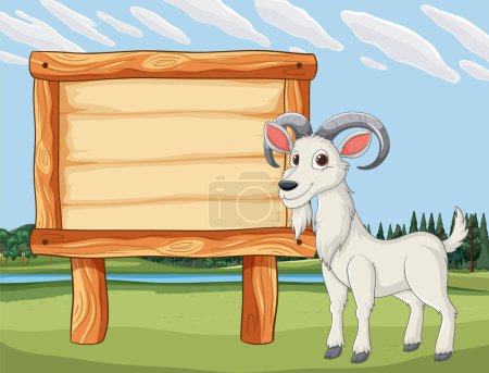Ilustración de Cabra de dibujos animados de pie junto a un signo en blanco. - Imagen libre de derechos