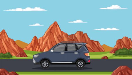 Illustration for Blue car driving on road with mountain backdrop - Royalty Free Image
