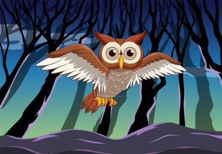 Ilustración de Búho volando por la noche con telón de fondo del bosque - Imagen libre de derechos