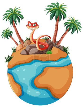 Téléchargez les illustrations : Serpent dessin animé sur une petite planète tropicale entourée d'eau. - en licence libre de droit