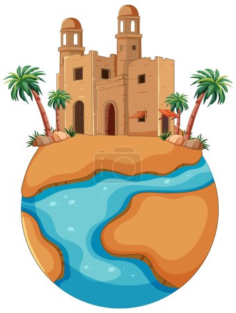 Téléchargez les illustrations : Illustration d'une petite terre avec une oasis désertique. - en licence libre de droit