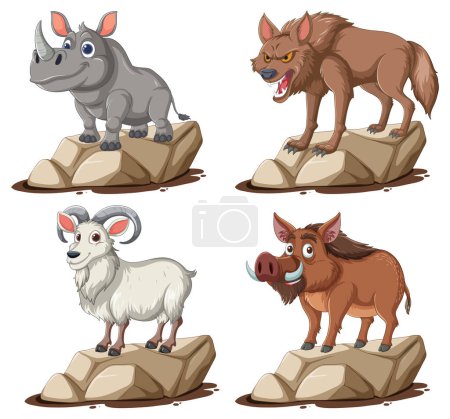 Ilustración de Cuatro animales de dibujos animados ilustrados en rocas individuales. - Imagen libre de derechos
