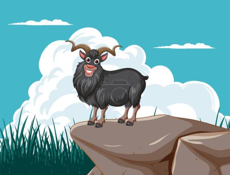 Illustration for Cartoon goat standing atop a stone outcrop - Royalty Free Image