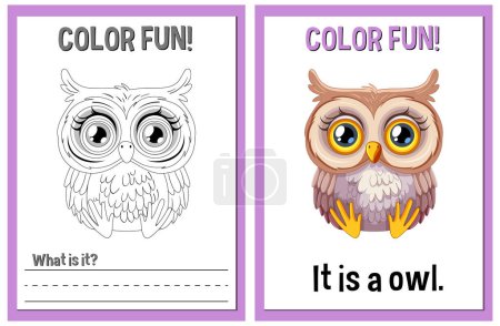 Educational coloring pages featuring a cute owl