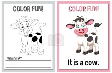 Coloring and learning activity cards with a cow
