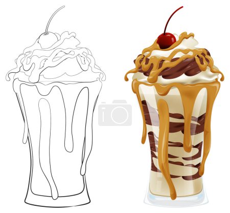Illustration for Vector illustration of a caramel sundae with cherry - Royalty Free Image