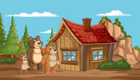 Three cartoon bears near a wooden cabin in forest