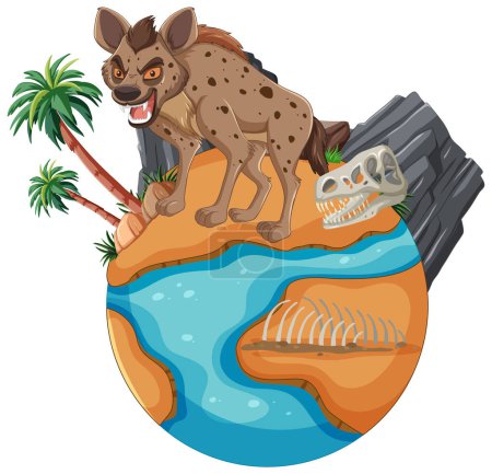 Téléchargez les illustrations : Illustration d'une hyène au sommet d'un globe avec des éléments naturels - en licence libre de droit
