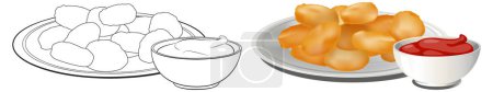 Vector illustration of snacks and sauces on plates