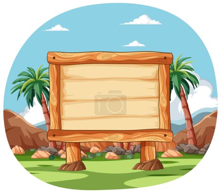 Téléchargez les illustrations : Cartoon panneau en bois dans un cadre oasis désert - en licence libre de droit