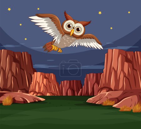 Téléchargez les illustrations : Illustration d'un hibou volant dans un canyon la nuit - en licence libre de droit