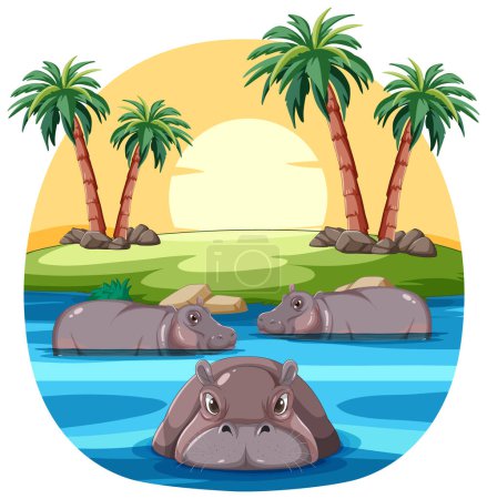 Vector illustration of hippos in a scenic river