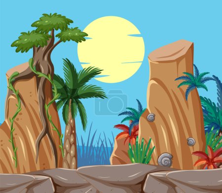 Illustration for Vector art of cliffs, trees, and a setting sun - Royalty Free Image