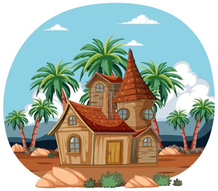 Téléchargez les illustrations : Maison de style dessin animé sur une plage de sable avec palmiers - en licence libre de droit