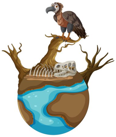 Téléchargez les illustrations : Vautour sur un arbre avec squelette et globe - en licence libre de droit