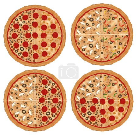 Illustration for Four different topped pizzas in a vector style - Royalty Free Image