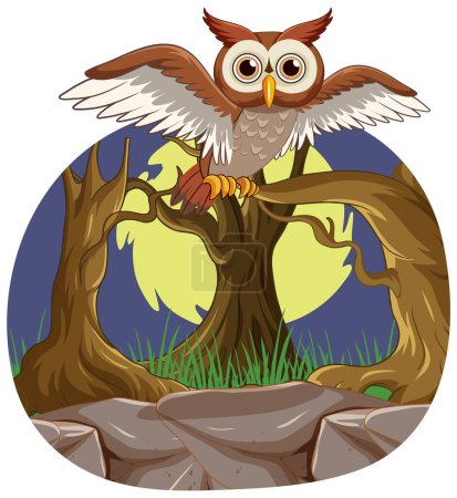 Téléchargez les illustrations : Illustration d'une chouette sur une branche d'arbre la nuit - en licence libre de droit