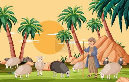 Shepherd and sheep under palm trees at sunset