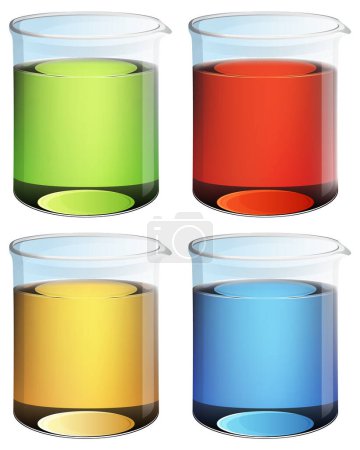 Téléchargez les illustrations : Quatre béchers remplis de liquides de différentes couleurs - en licence libre de droit