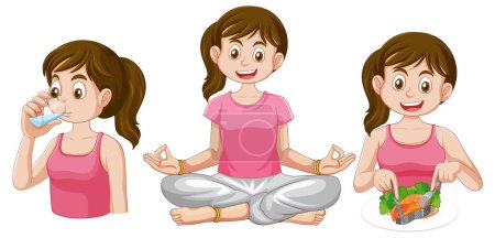Girl drinking water, meditating, and eating healthy