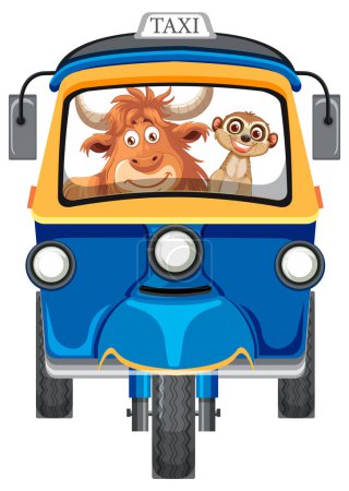 Téléchargez les illustrations : Cartoon yak et meerkat profiter d'une promenade en taxi - en licence libre de droit