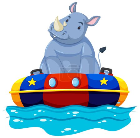 Ilustración de Rino de dibujos animados flotando en un barco vibrante - Imagen libre de derechos