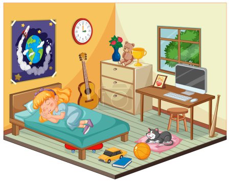 Illustration for Illustration of a child's bedroom with toys and a pet - Royalty Free Image