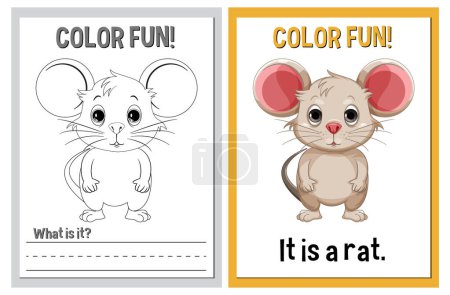 Illustration for Coloring and finished illustration of a cute rat - Royalty Free Image