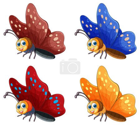 Ilustración de Cuatro vibrantes mariposas de dibujos animados con caras sonrientes - Imagen libre de derechos