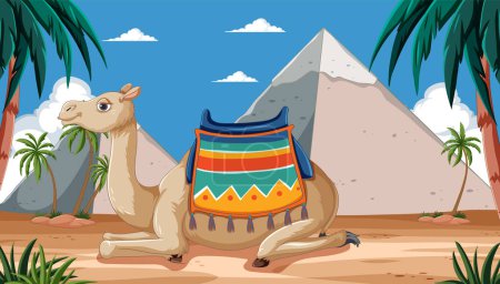 Vector illustration of a camel by the pyramids