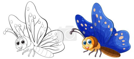 Two butterflies, one colored and one line art
