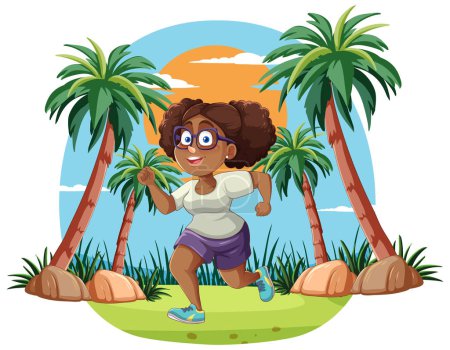 Téléchargez les illustrations : Jeune femme courant joyeusement sur une plage tropicale. - en licence libre de droit