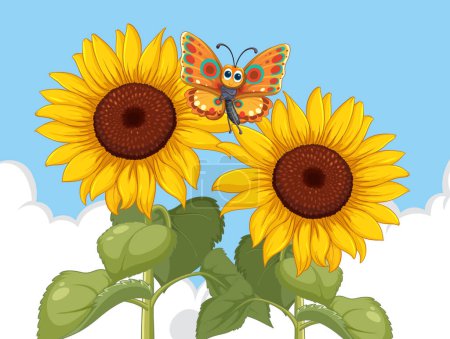 Ilustración de Mariposa colorida encaramada en girasoles vibrantes - Imagen libre de derechos