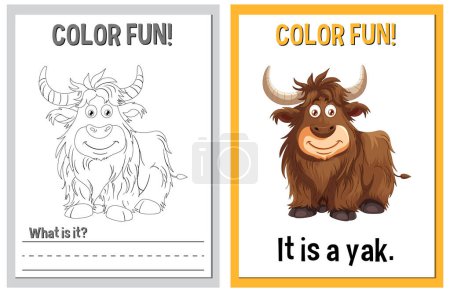 Educational coloring sheets featuring a yak